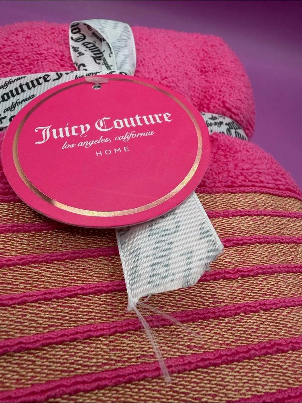 Juicy Couture Pink with Gold Stripes Hand Towels